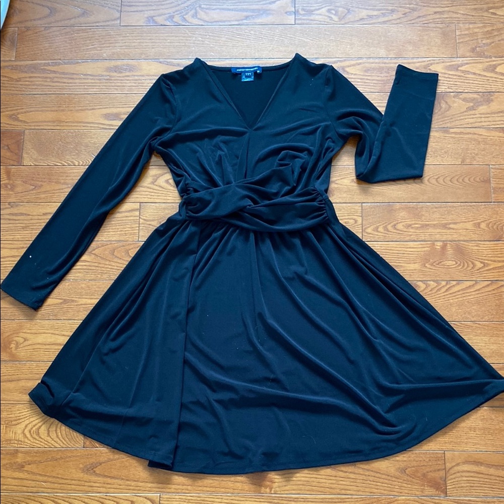 French Connection Black Long Sleeve Wrap Dress women’s black stretchy midi sz 4